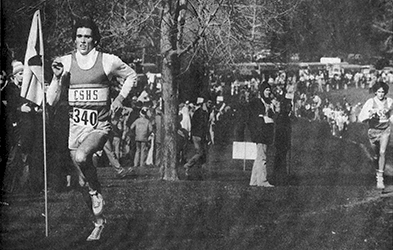 Tom Graves enroute to second state XC meet win over Jim Spivey, '77